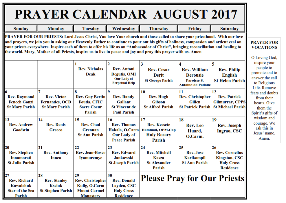 Prayer Calendar for Priests | Saint Andrew The Apostle Roman Catholic Church Prayer calendar for priests | saint andrew the apostle roman catholic church